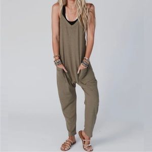 Ces Femme Waffle Knit Overalls- Olive, Size Large